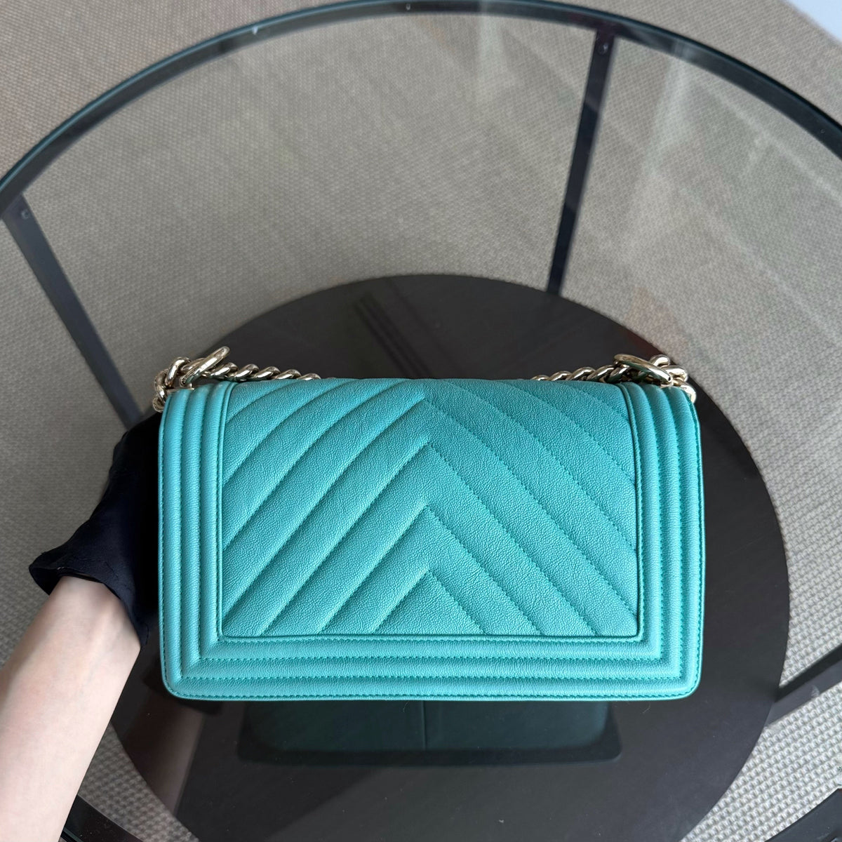 Chanel Boy Medium - 25CM Chevron Cyan Blue Gold Hardware Series 27