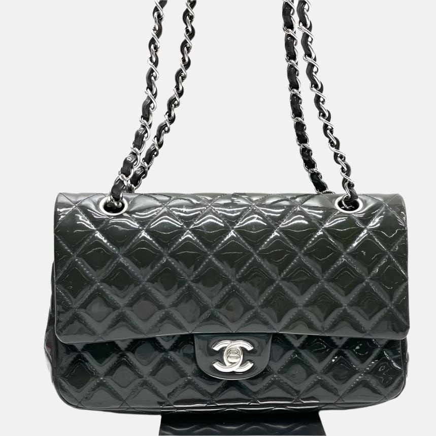 Chanel Classic Flap Medium Large Dark Green Patent Leather Silver Hardware, 2014-2015