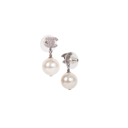 Chanel Faux Pearl and Crystal CC Drop Earrings