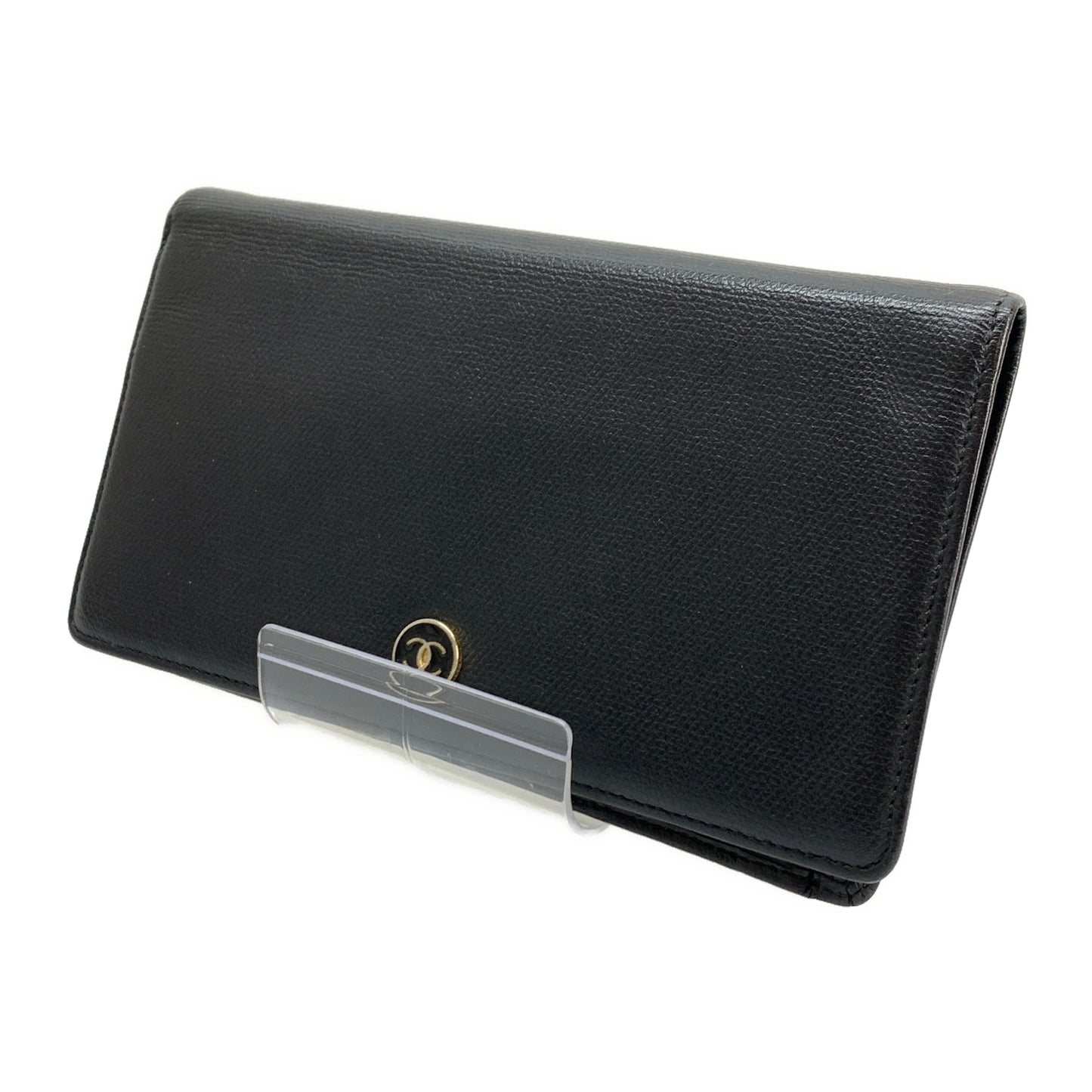 Chanel Long Wallet BLK Leather Plain