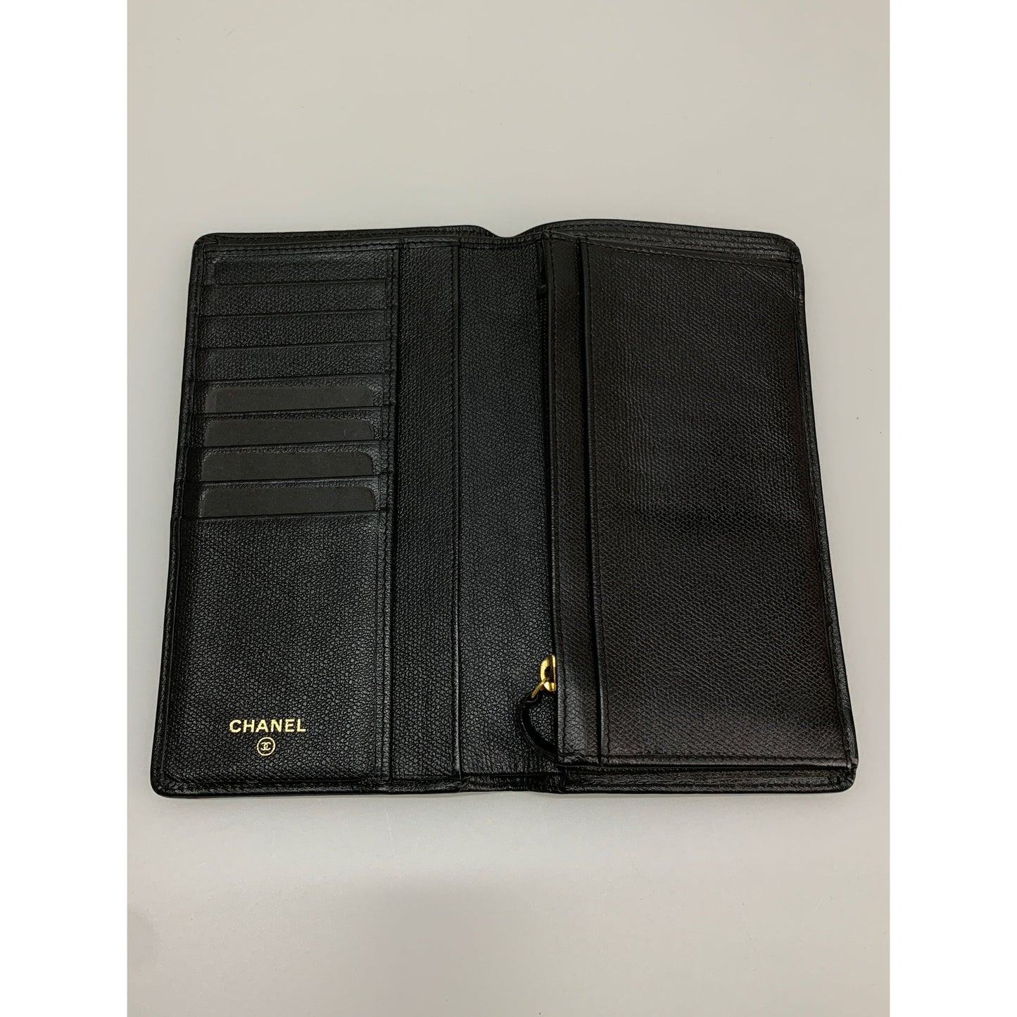 Chanel Long Wallet BLK Leather Plain