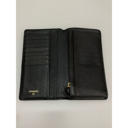 Chanel Long Wallet BLK Leather Plain