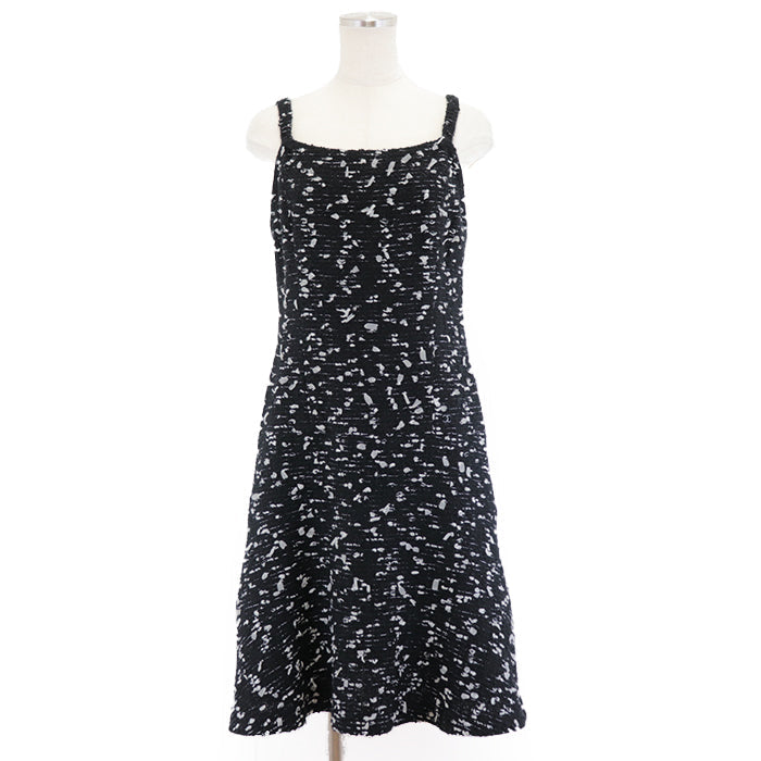 Chanel Tweed Tulle Dress Black White Size 42