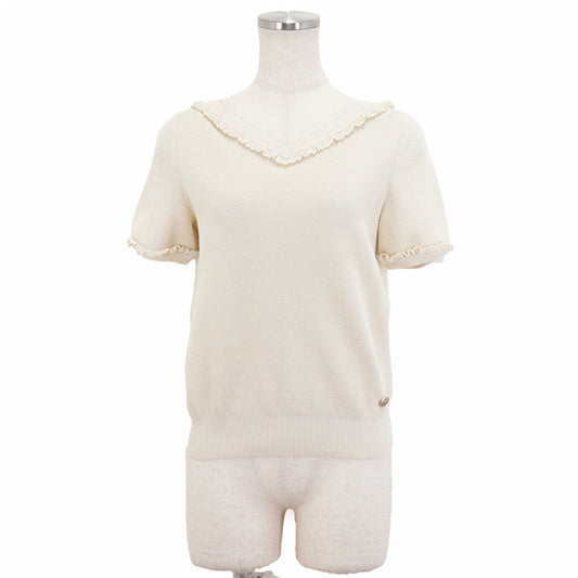 Chanel V-Neck Frill Knit Top Ivory