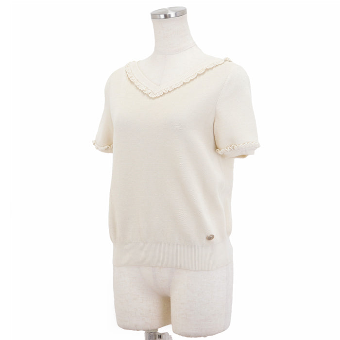 Chanel V-Neck Frill Knit Top Ivory