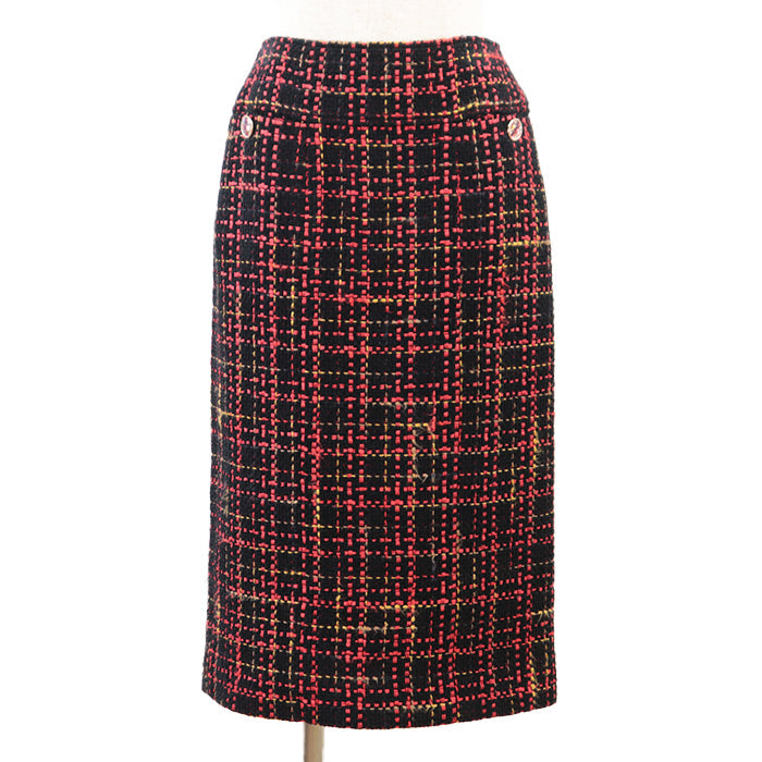 Chanel Tweed Skirt P73177, Crystal Button, Check Pattern, Black/Red/Mustard