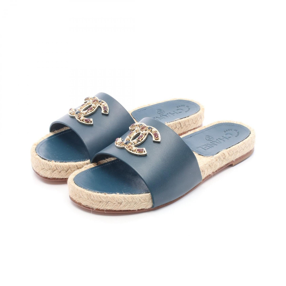 Chanel Coco Mark Espadrille Leather Raffia Sandals
