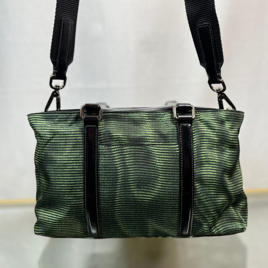 Prada Black Green Striped Nylon Two-Way Tote Bags