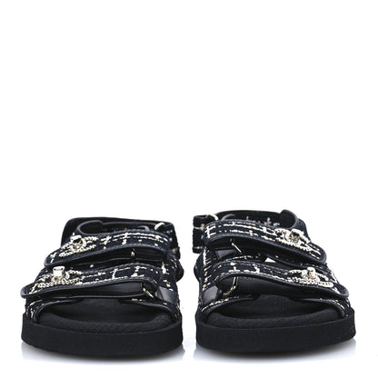 Tweed Lambskin Dad Sandals 39 Black Multicolor