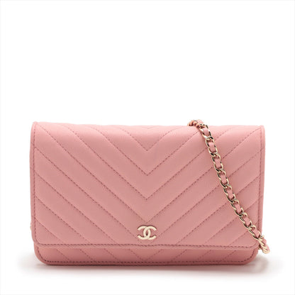 Chanel V Stitch Caviar S Chain Wallet Pink Gold