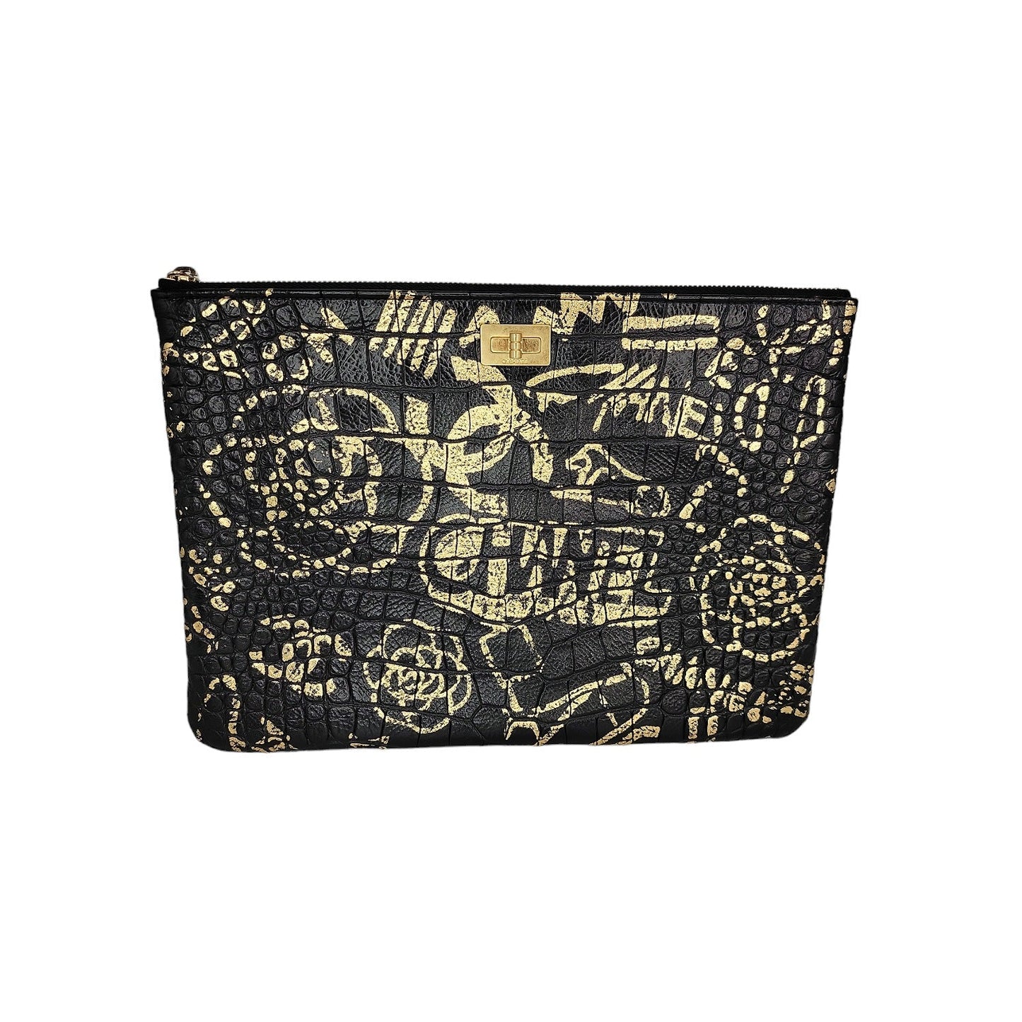 Chanel Black And Gold Croc-Embossed O-Case 2.55 Reissue