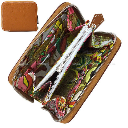 HERMES Bi-fold wallet Azap Silk in Compact Fantaisie Botanique Gold/Celeste/Chai Veau Epsom/Veau Barenia/Silk100% Silver HW Stamp