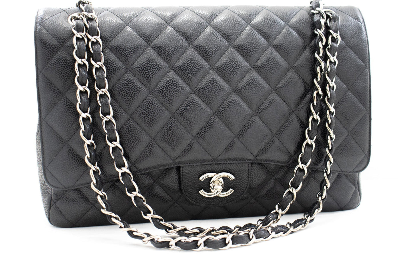 CHANEL Caviar Grained Calfskin Flap Chain Shoulder Bag Black 13"