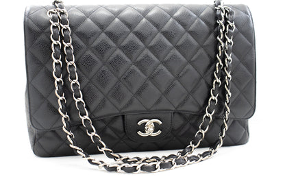 CHANEL Caviar Grained Calfskin Flap Chain Shoulder Bag Black 13"