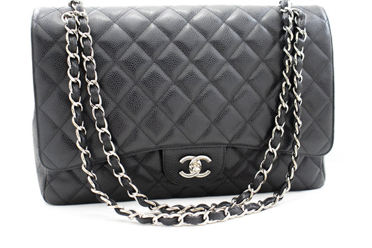 CHANEL Caviar Grained Calfskin Flap Chain Shoulder Bag Black 13"