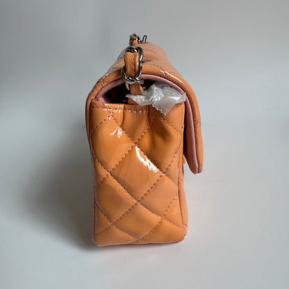 Chanel Classic Flap Rectangular Mini Coral Orange Patent Leather Silver HW