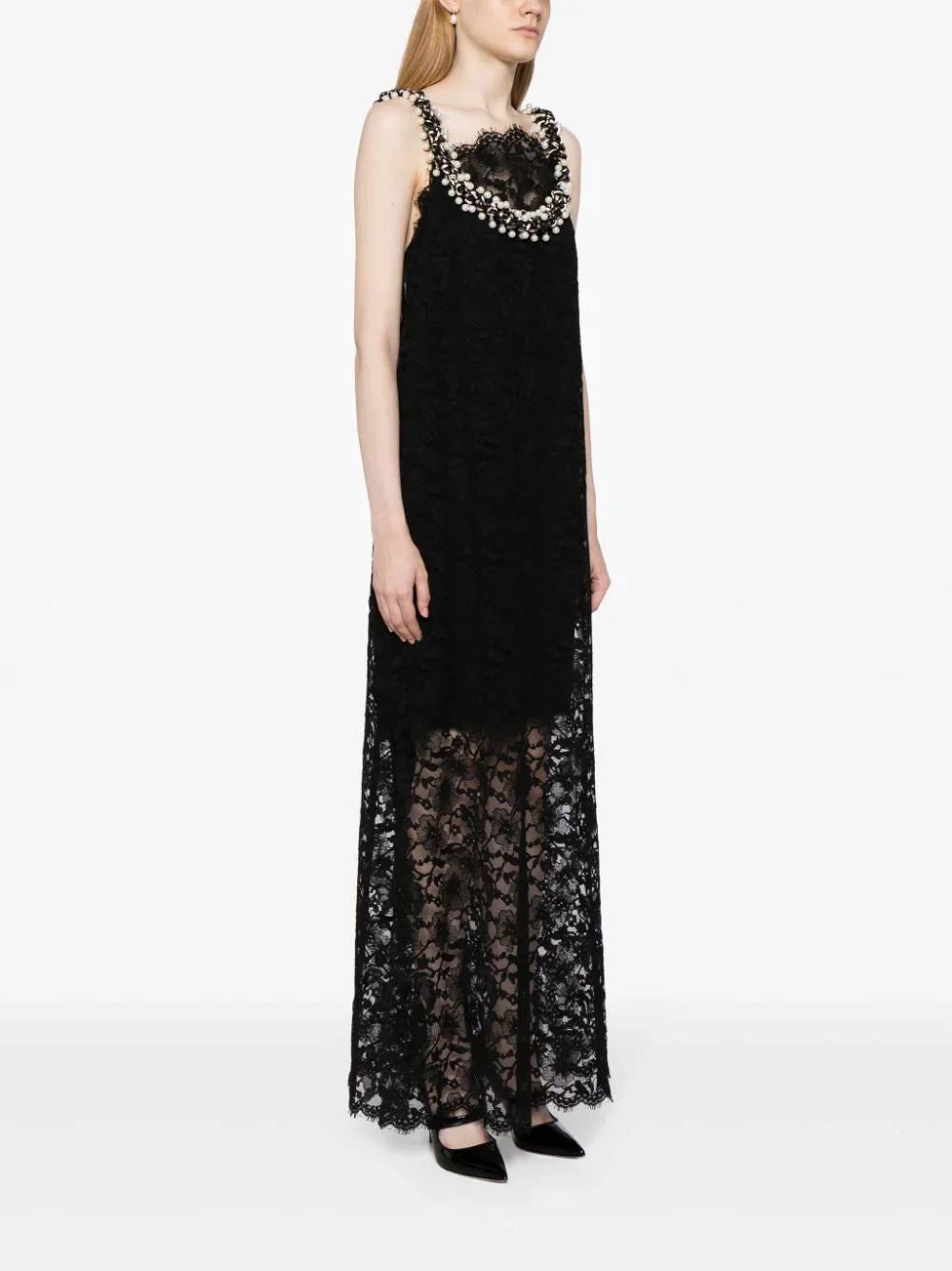 Faux Pearl Embellished Lace Maxi Dress