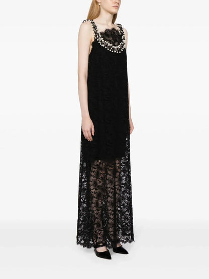Faux Pearl Embellished Lace Maxi Dress