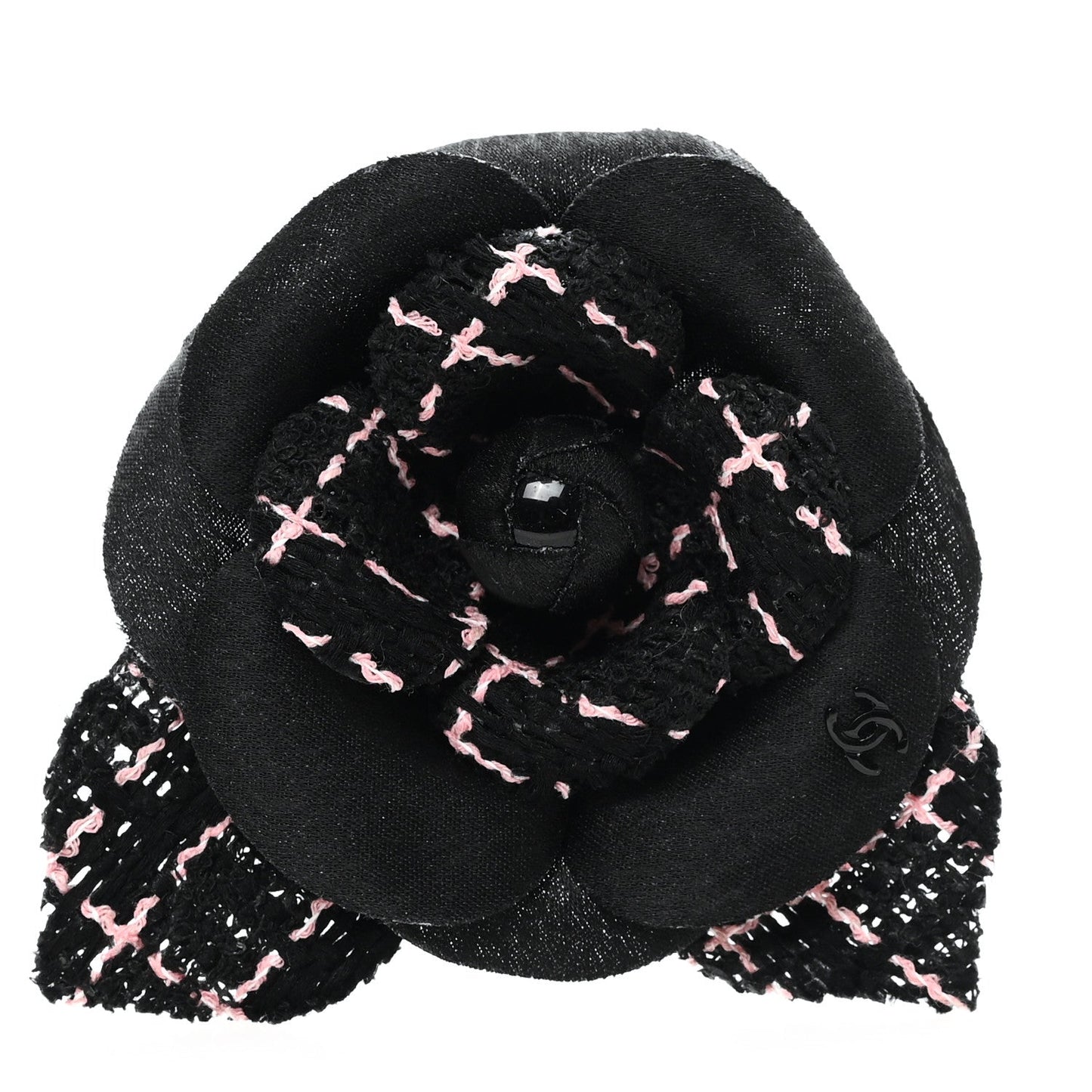 Tweed Camellia Pin Brooch Black Pink