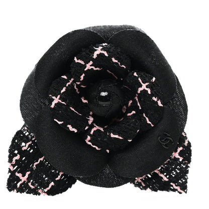 Tweed Camellia Pin Brooch Black Pink