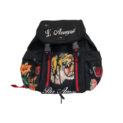 Gucci Techno Canvas Embroidered Double Buckle Backpack Black