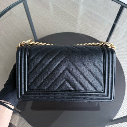 Chanel Boy Medium - Caviar 25CM Chevron Black Gold Hardware Series 26