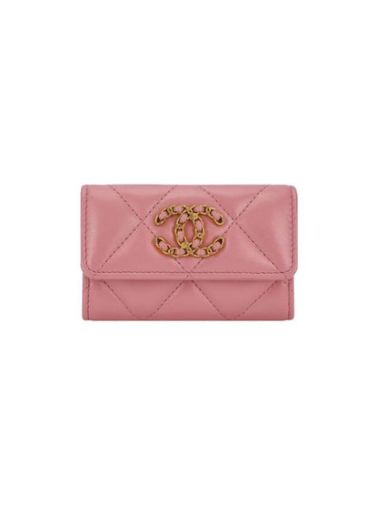 19 Gold Hardware Lambskin Flap Card Wallet Coral Pink Chanel