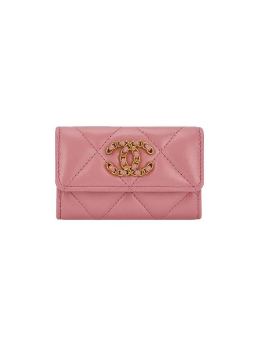 19 Gold Hardware Lambskin Flap Card Wallet Coral Pink Chanel