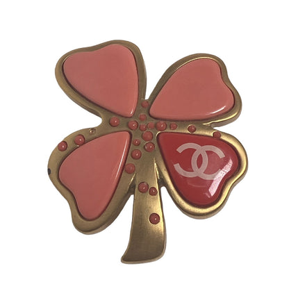 CHANEL Brooch metal Gold / Pink corsage COCO Mark 031P Clover Women Used