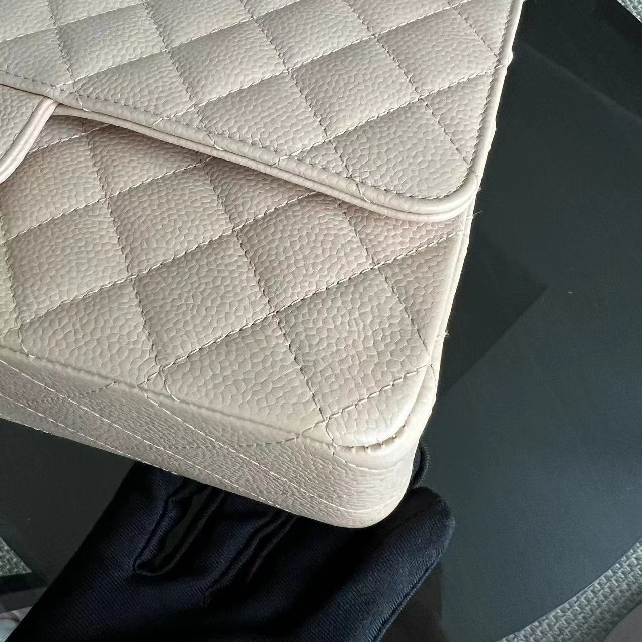 Caviar Double Flap Quilted Grained Calfskin Beige Golden Hardware Series 15