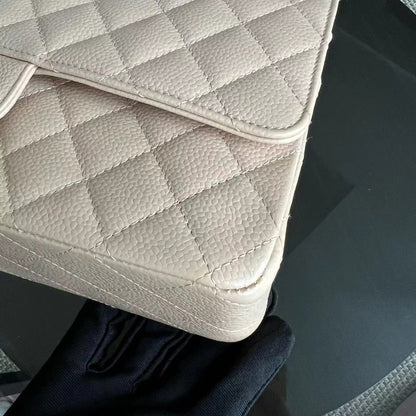 Caviar Double Flap Quilted Grained Calfskin Beige Golden Hardware Series 15