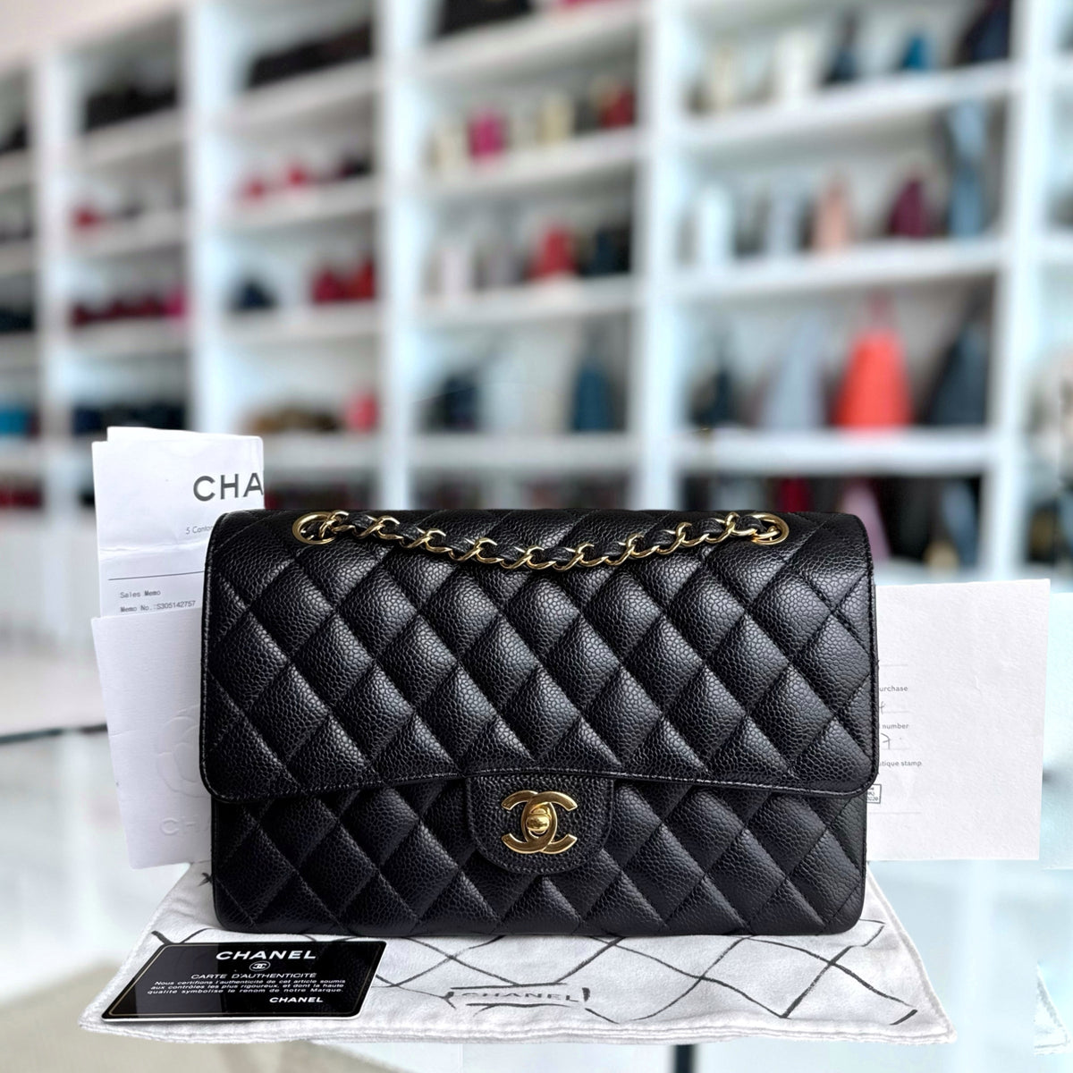 Chanel Classic Flap Medium - Caviar 25CM Quilted Black Gold Hardware Series 19