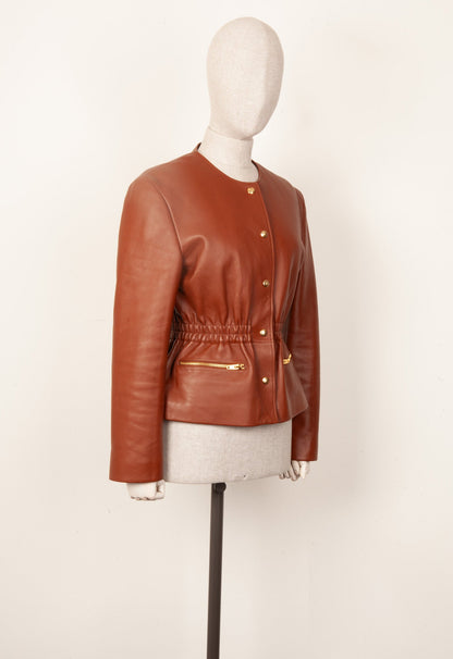 CELINE Smocked Belted Leather Jacket Cognac
