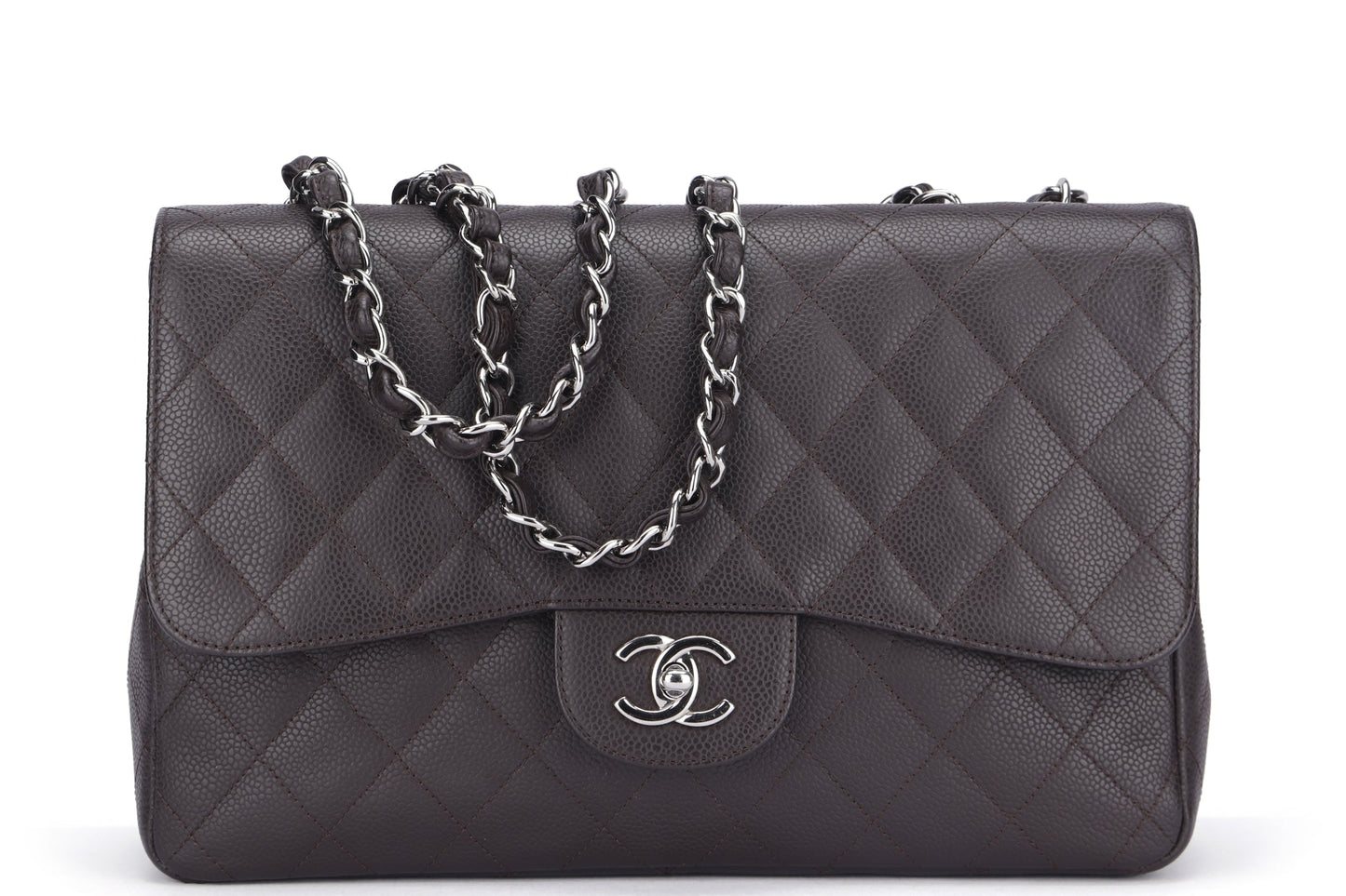 Chanel Classic 2.55 Jumbo Single Flap (1301xxxx) Brown Caviar Silver Chain, width 30cm with , no Dust Cover