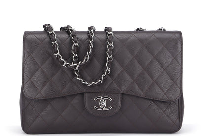 Chanel Classic 2.55 Jumbo Single Flap (1301xxxx) Brown Caviar Silver Chain, width 30cm with , no Dust Cover