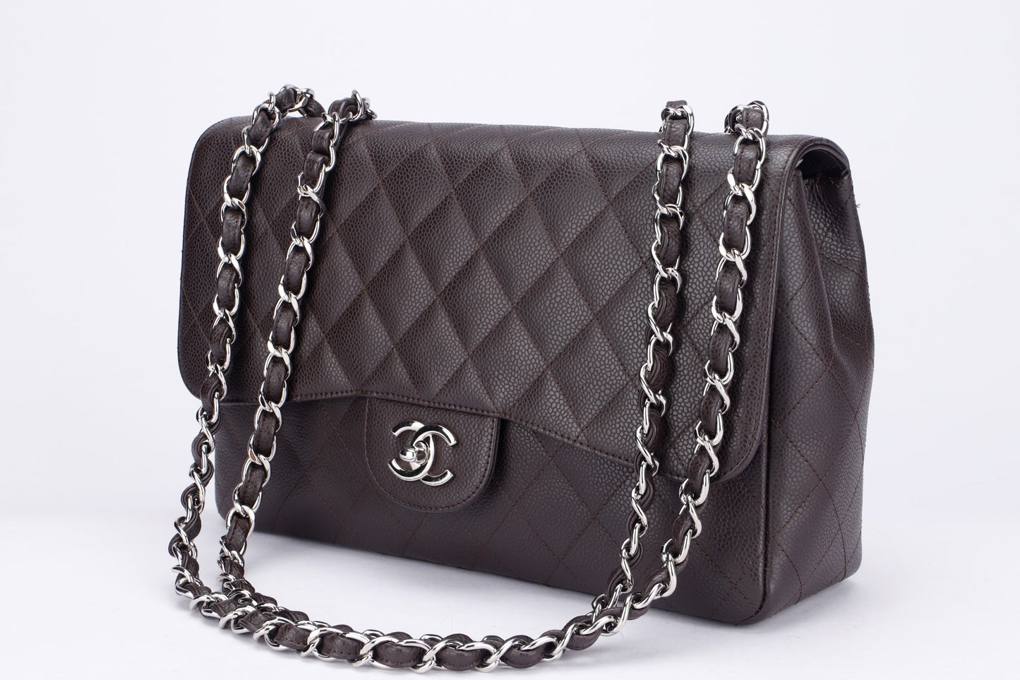 Chanel Classic 2.55 Jumbo Single Flap (1301xxxx) Brown Caviar Silver Chain, width 30cm with , no Dust Cover