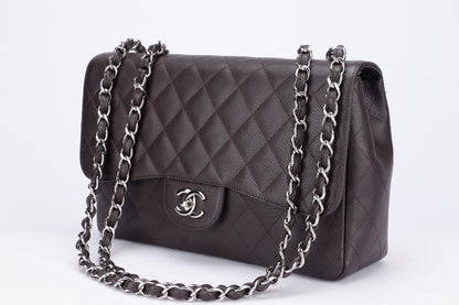 Chanel Classic 2.55 Jumbo Single Flap (1301xxxx) Brown Caviar Silver Chain, width 30cm with , no Dust Cover