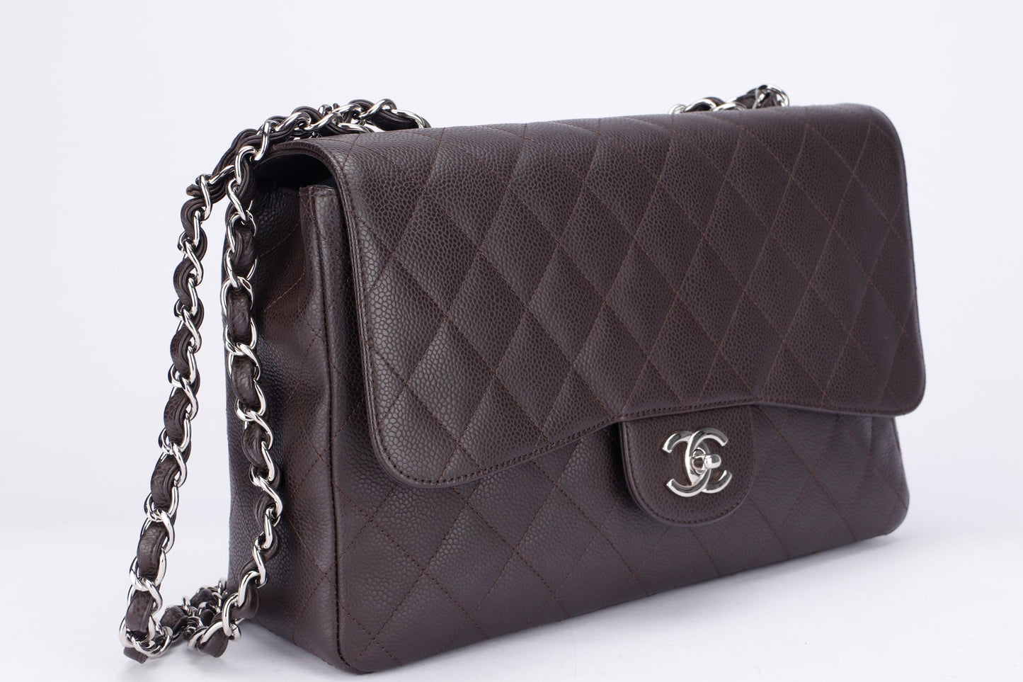 Chanel Classic 2.55 Jumbo Single Flap (1301xxxx) Brown Caviar Silver Chain, width 30cm with , no Dust Cover
