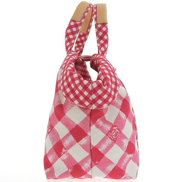 CHANEL Around 2011 Made Gingham Pattern Cc Mark Hnadle Bag Pink/White