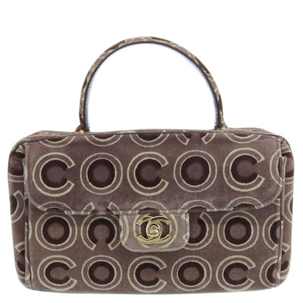 CHANEL Around 2001 Made Velour Logo Pattern Turn-Lock Top Handle Bag Brown