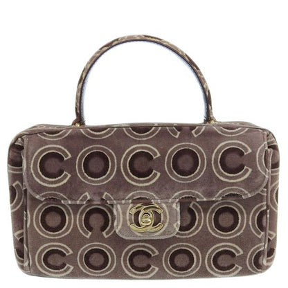 CHANEL Around 2001 Made Velour Logo Pattern Turn-Lock Top Handle Bag Brown