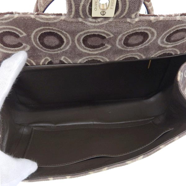 CHANEL Around 2001 Made Velour Logo Pattern Turn-Lock Top Handle Bag Brown