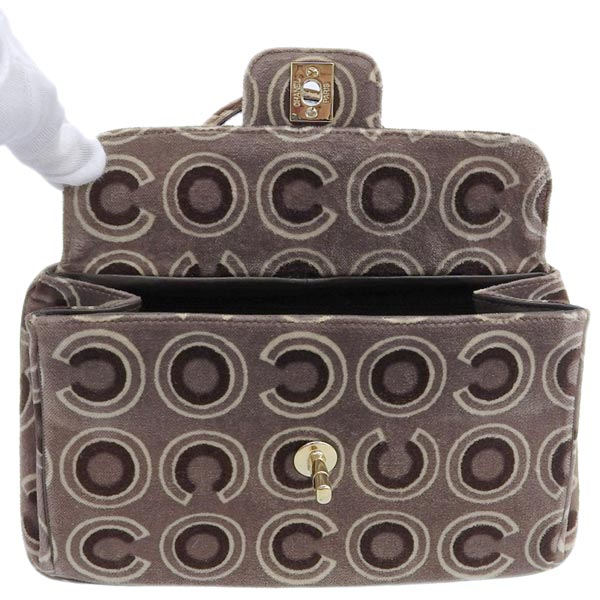 CHANEL Around 2001 Made Velour Logo Pattern Turn-Lock Top Handle Bag Brown