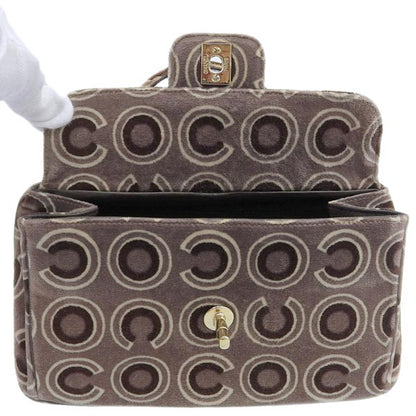 CHANEL Around 2001 Made Velour Logo Pattern Turn-Lock Top Handle Bag Brown