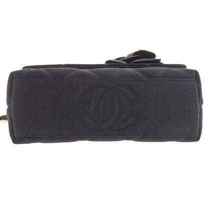CHANEL Around 1997 Made Silk Satin Camellia Motif Mini Chain Bag Black
