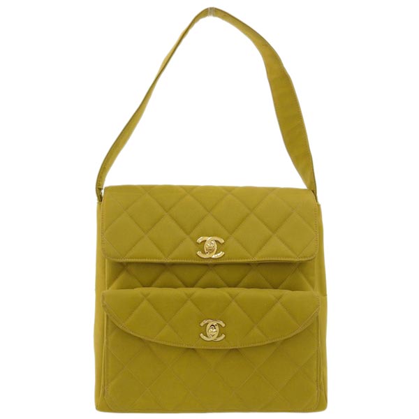 CHANEL Around 1997 Made Nylon Double Turn-Lock Shoulder Bag Mustard