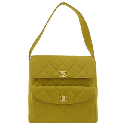 CHANEL Around 1997 Made Nylon Double Turn-Lock Shoulder Bag Mustard