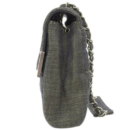 CHANEL Around 2001 Made Denim Chocolate Bar Logo Plate Chain Bag Charcoal Grey
