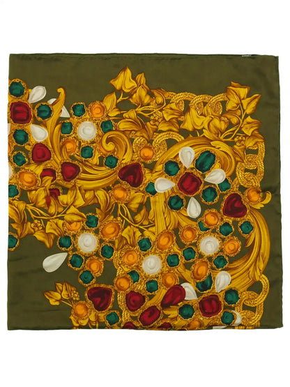 Chanel Cc Mark Gripoix Jewelry Pattern Scarf Khaki/Multi