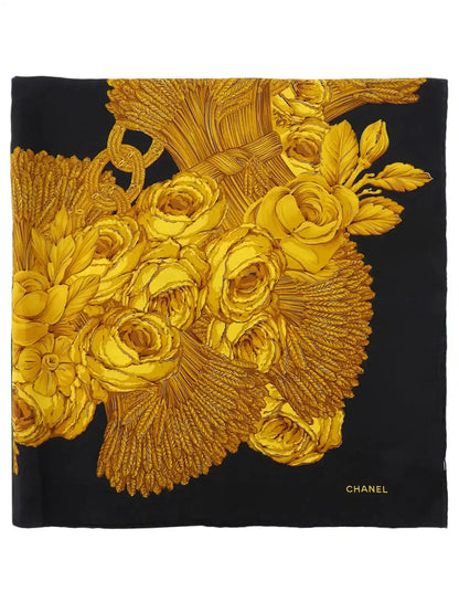 Chanel Camellia Cc Mark Chain Pattern Scarf Black